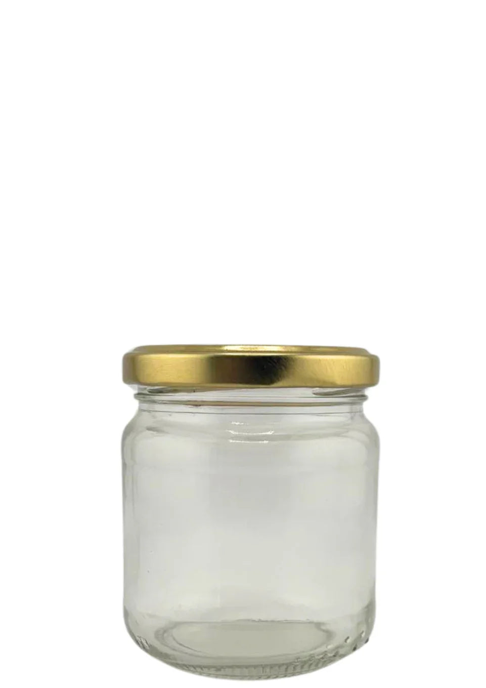 Bocal en verre transparent avec couvercle doré, idéal pour conservation alimentaire