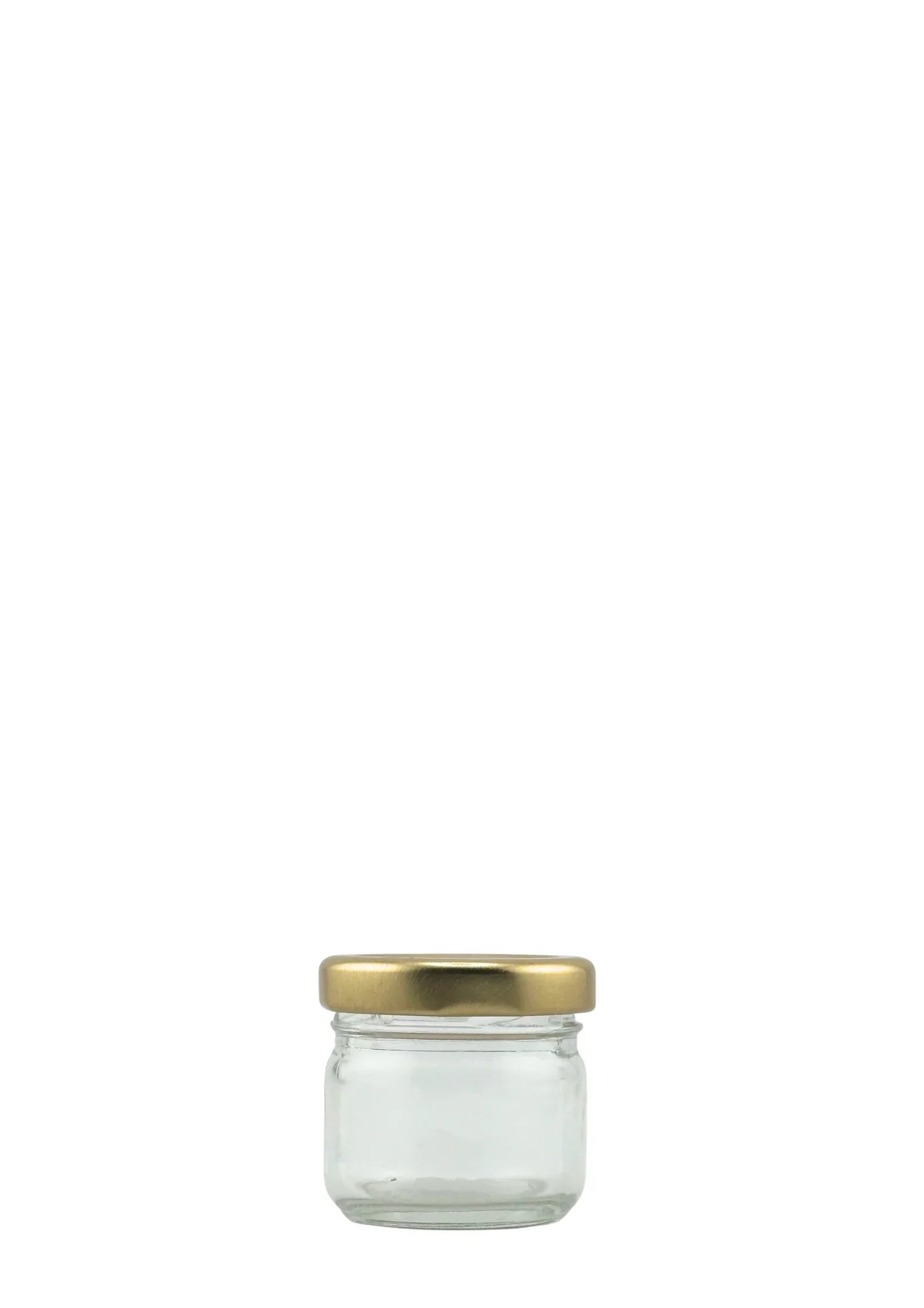 Petit bocal en verre transparent avec couvercle doré, idéal pour conserves ou présentation