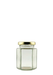 Bocal en verre hexagonal 116 ml avec couvercle doré, pot vide pour conservation.