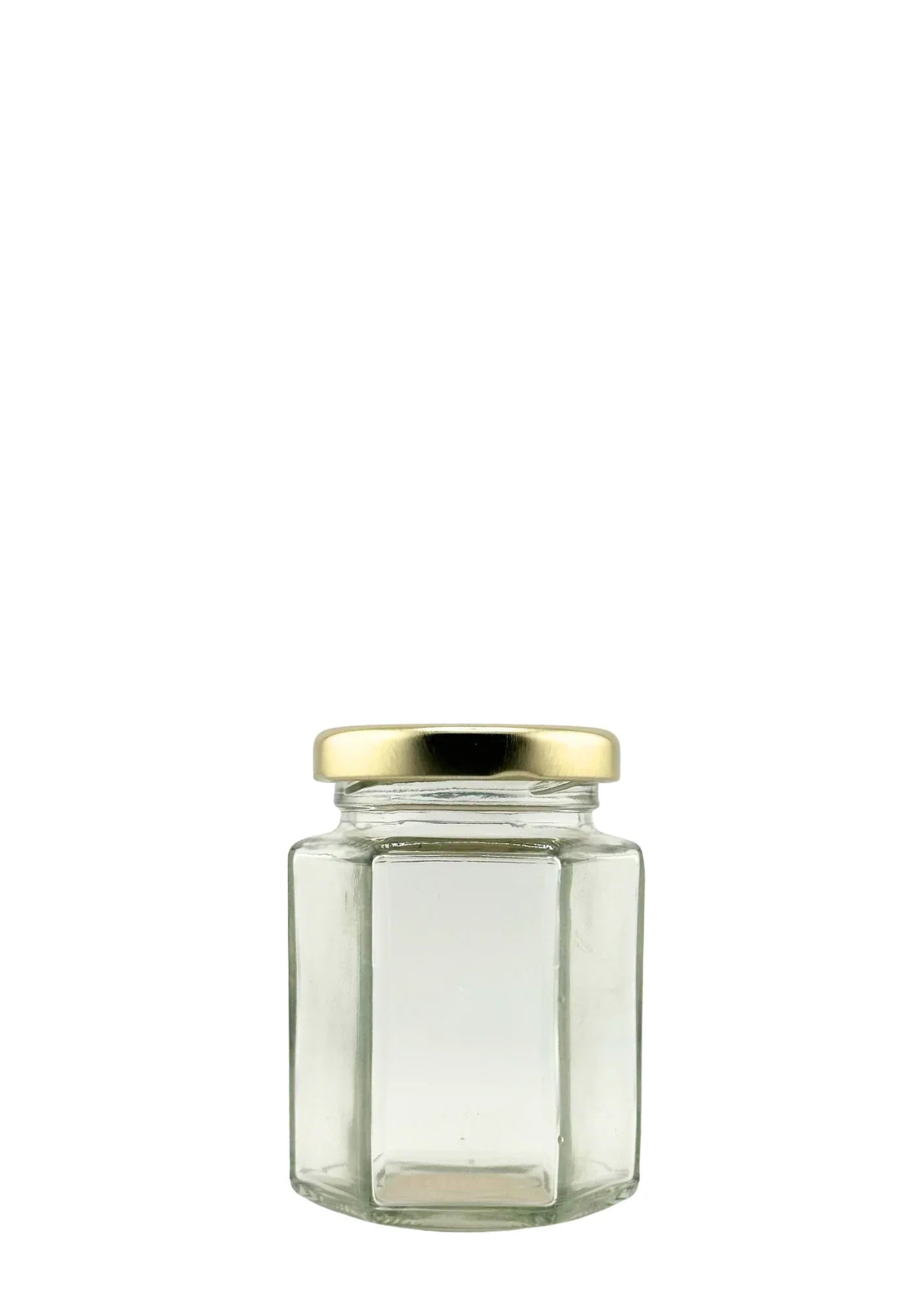 Bocal en verre hexagonal 116 ml avec couvercle doré, pot vide pour conservation.