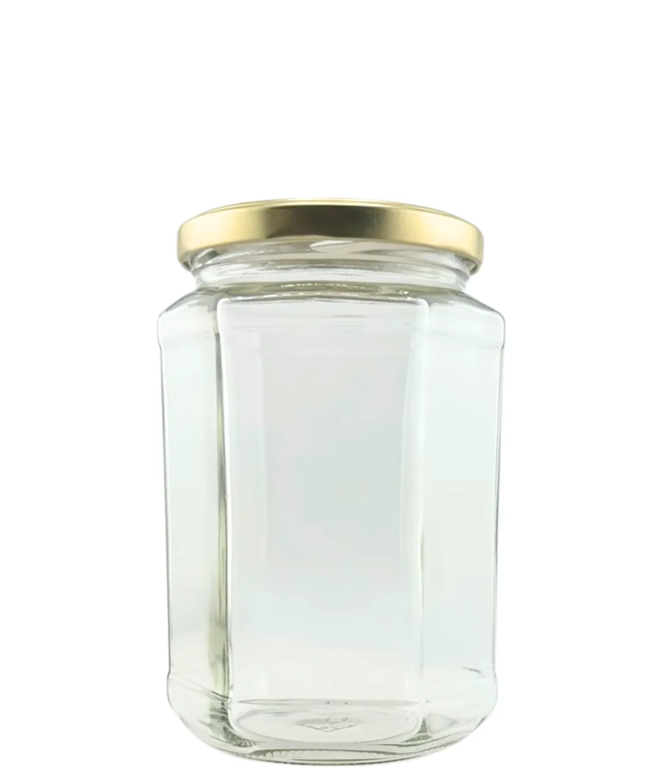 Bocal en verre hexagonal transparent avec couvercle doré, 720 ml, pour conserves maison.
