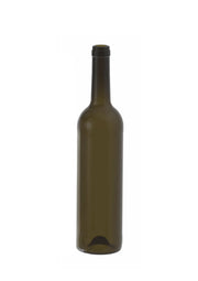 Bouteille en verre verte Bordeaux 750ml vide, idéale pour vin, sur fond blanc.