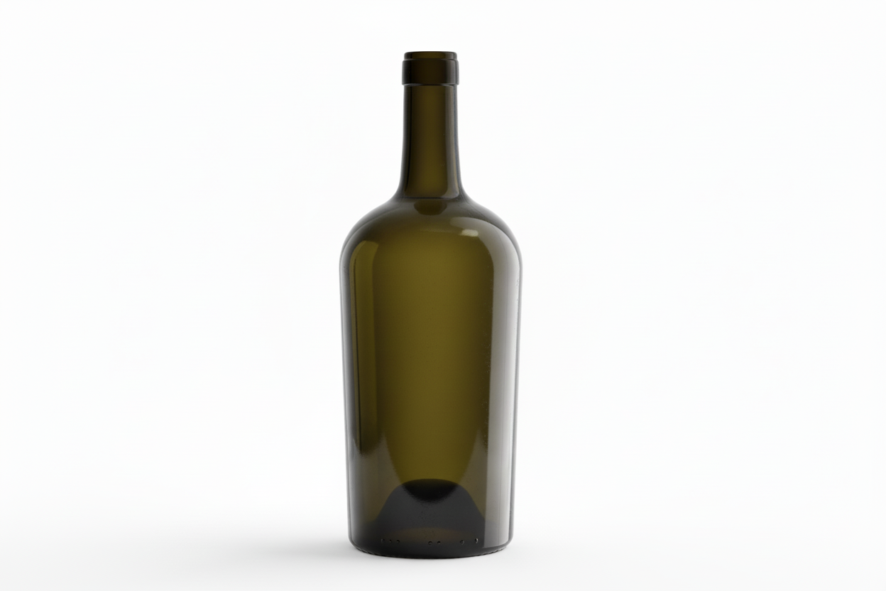 Bouteille en verre vide type Bordeaux 75cl, teintée vert foncé, fond blanc.