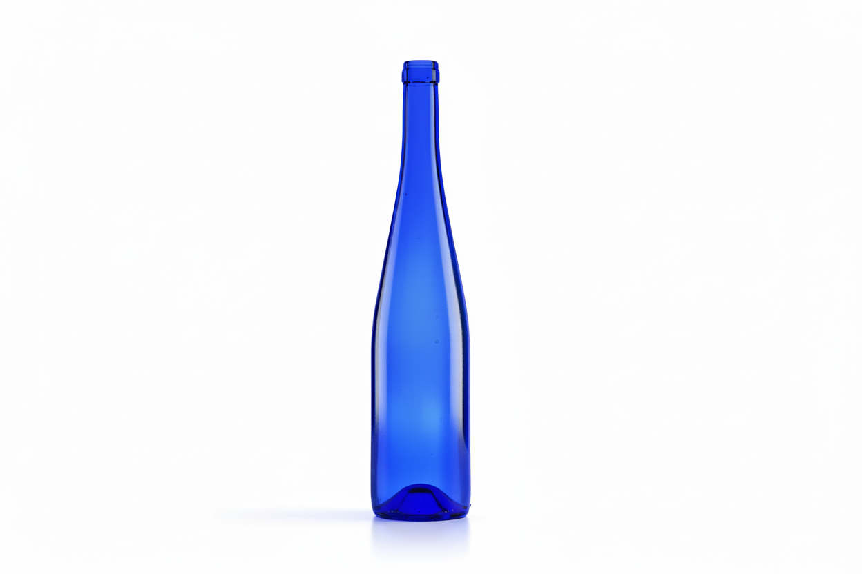 Bouteille en verre bleu Flûte 75 cl, design élancé, sur fond blanc.
