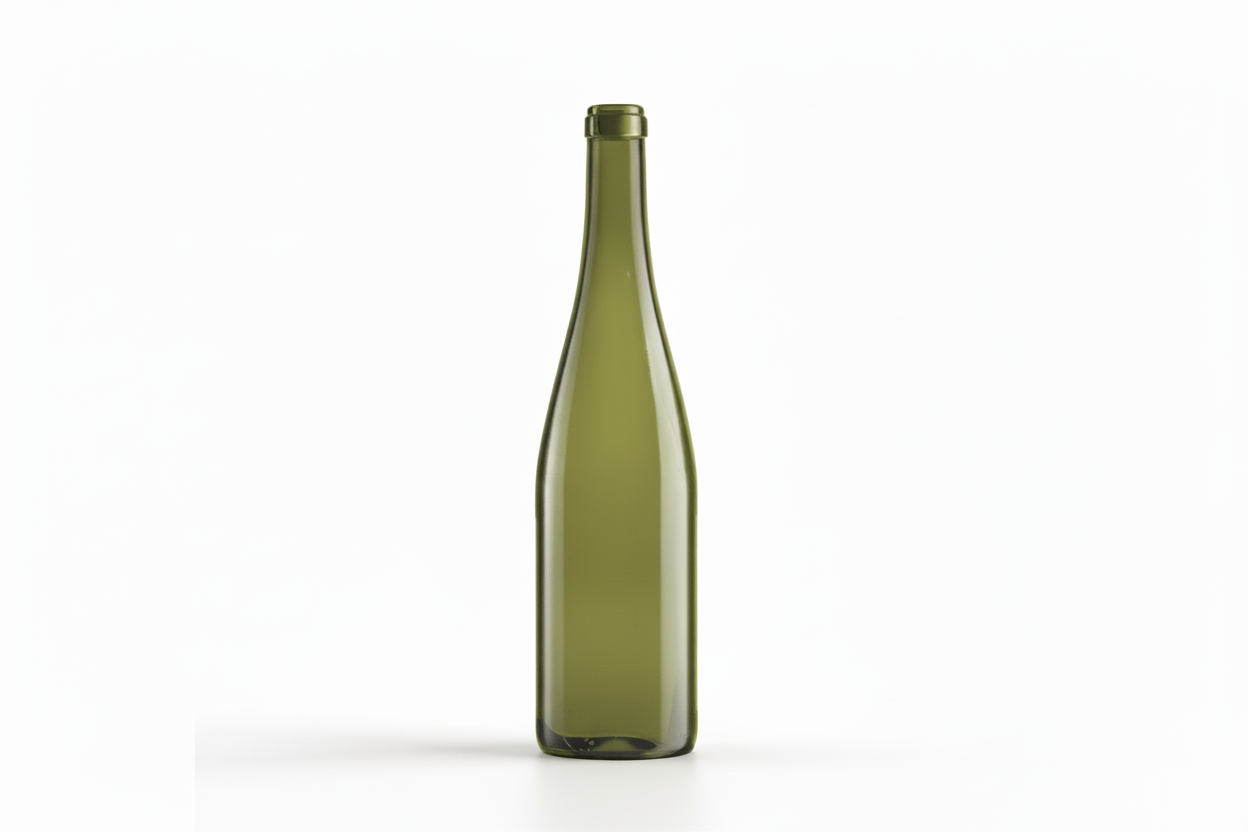 Bouteille en verre verte Flûte 75 cl, forme élancée, fond blanc