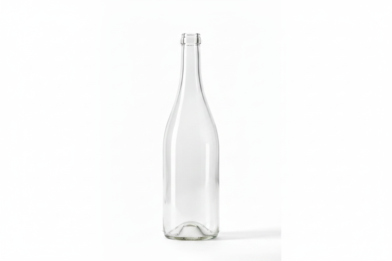 Bouteille en verre transparente vide type Bourgogne 75cl sur fond blanc