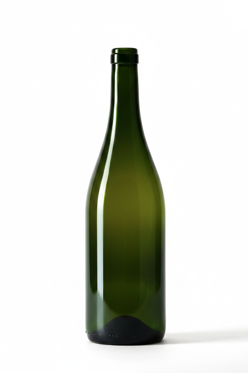 Bouteille en verre verte vide 75cl type Bourgogne sur fond blanc, recyclable