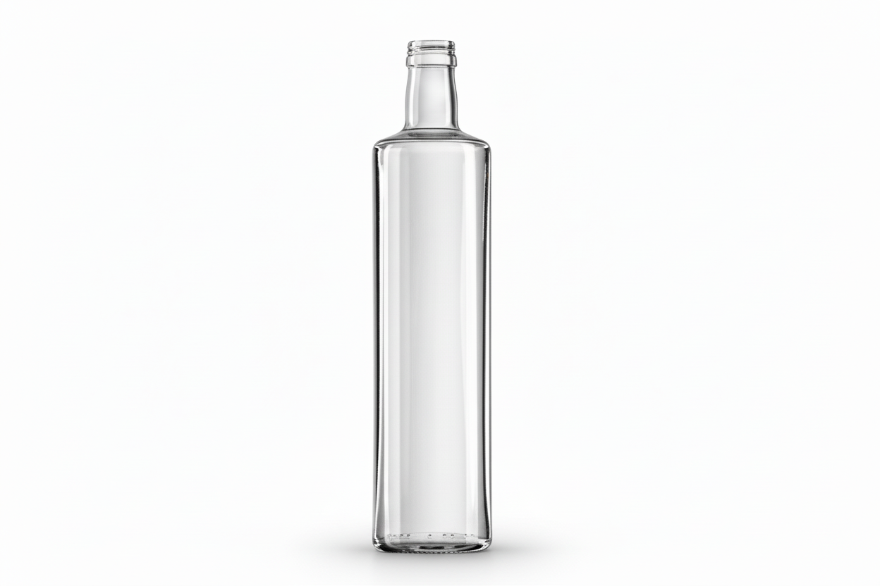Bouteille en verre transparente dorica blanc 750 ml vide, de forme élancée, sur fond blanc.