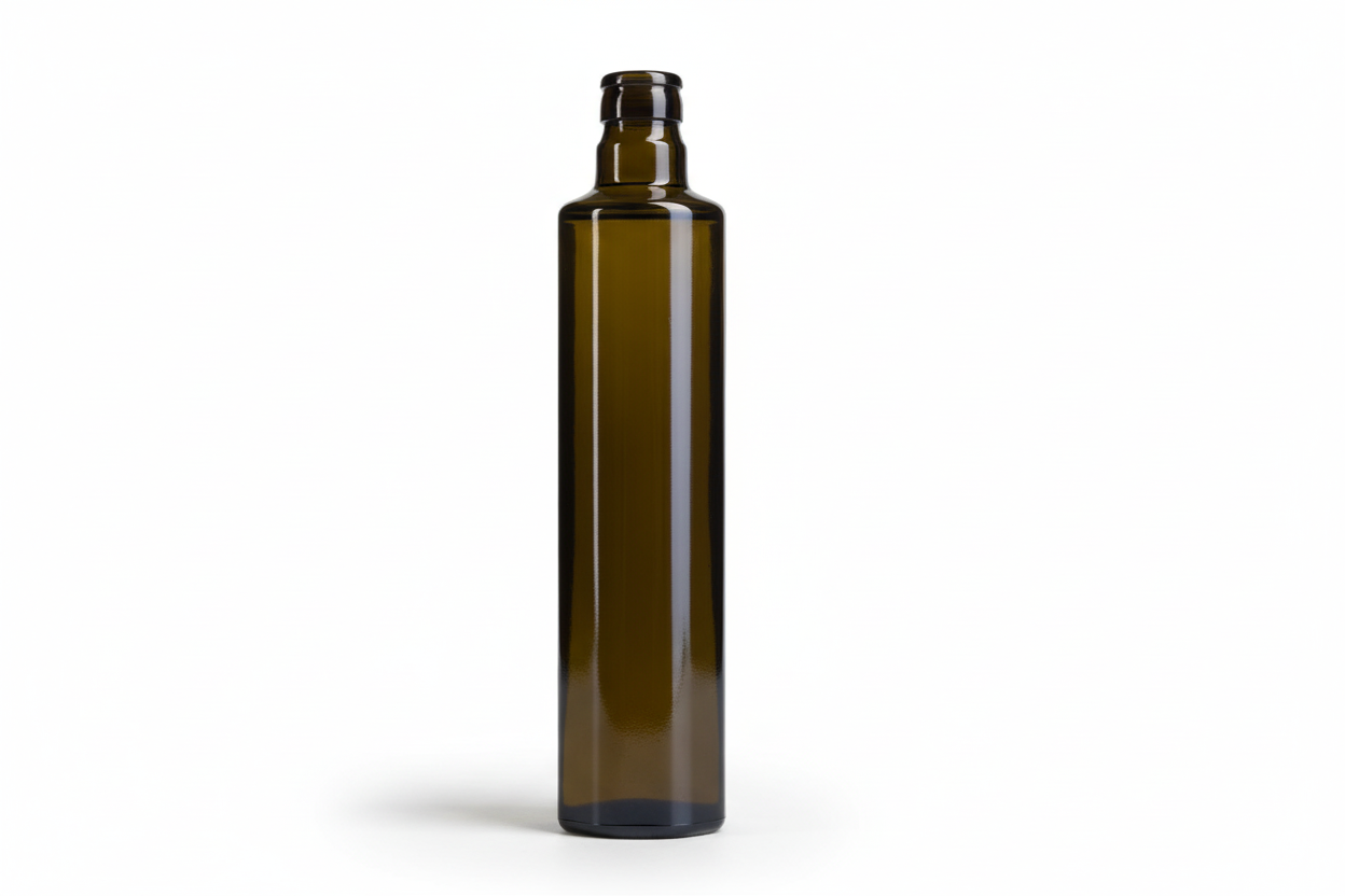 Bouteille en verre ambré pour huile, forme élancée, 500 ml, fond blanc