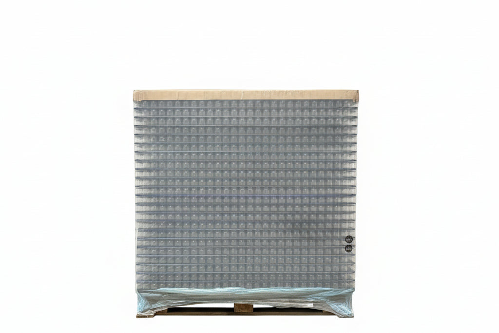 Palette de bocaux en verre emballés, idéale pour le stockage et la conservation alimentaire.