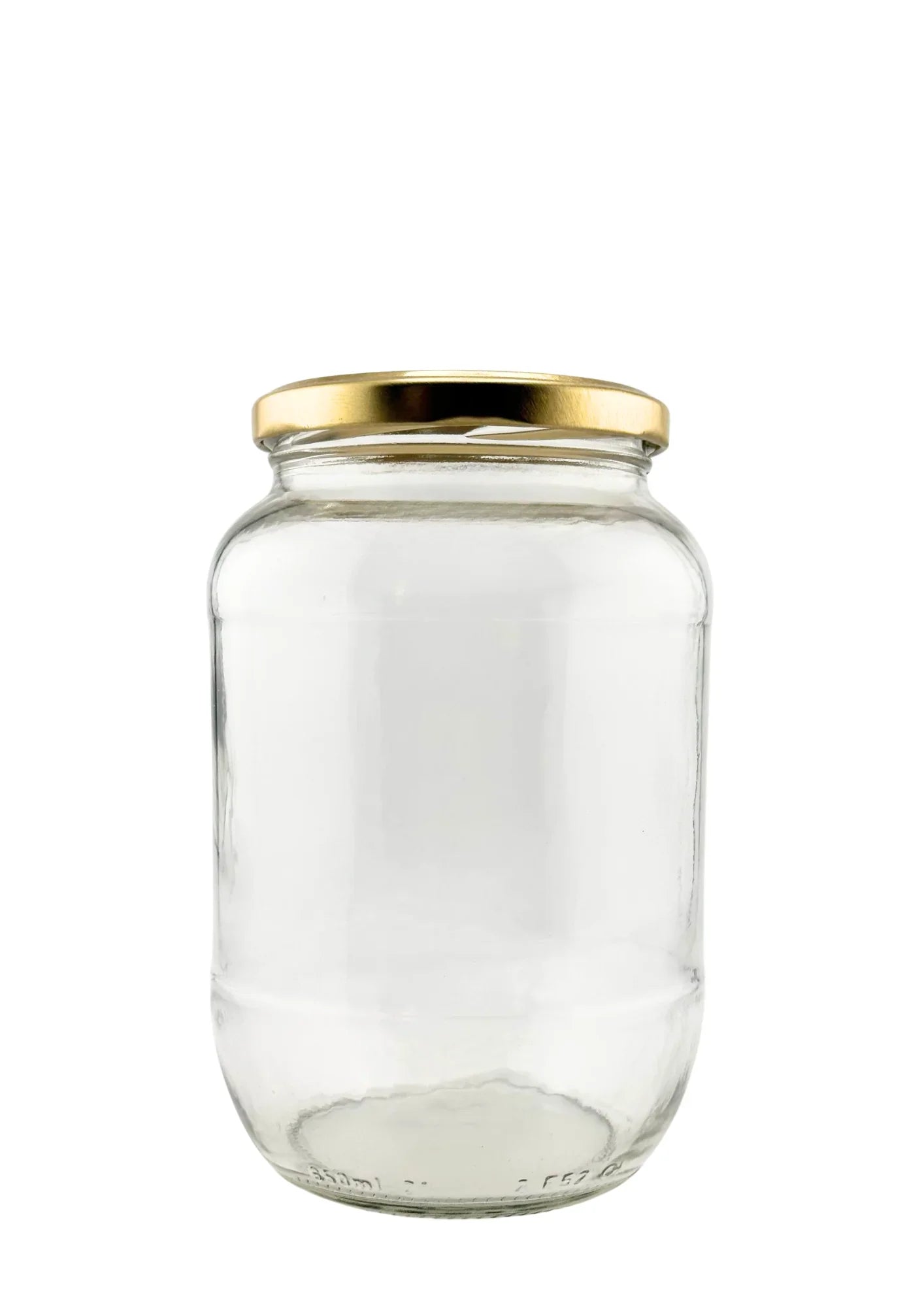 Clear glass jar with gold twist-off lid, empty, for food storage or preserves