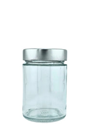 Bocal en verre transparent avec couvercle argenté, idéal pour conservation alimentaire