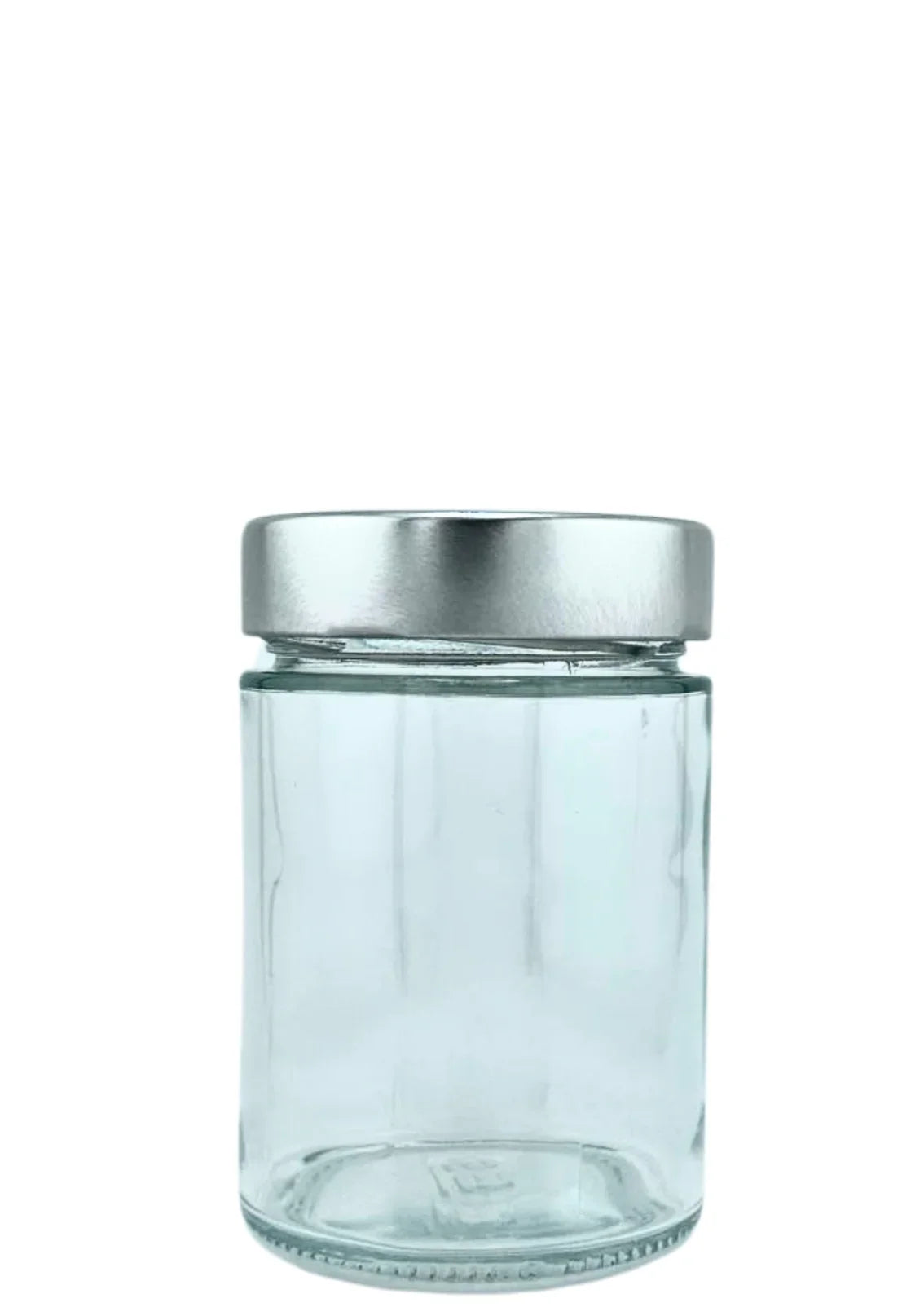 Bocal en verre transparent avec couvercle argenté, idéal pour conservation alimentaire