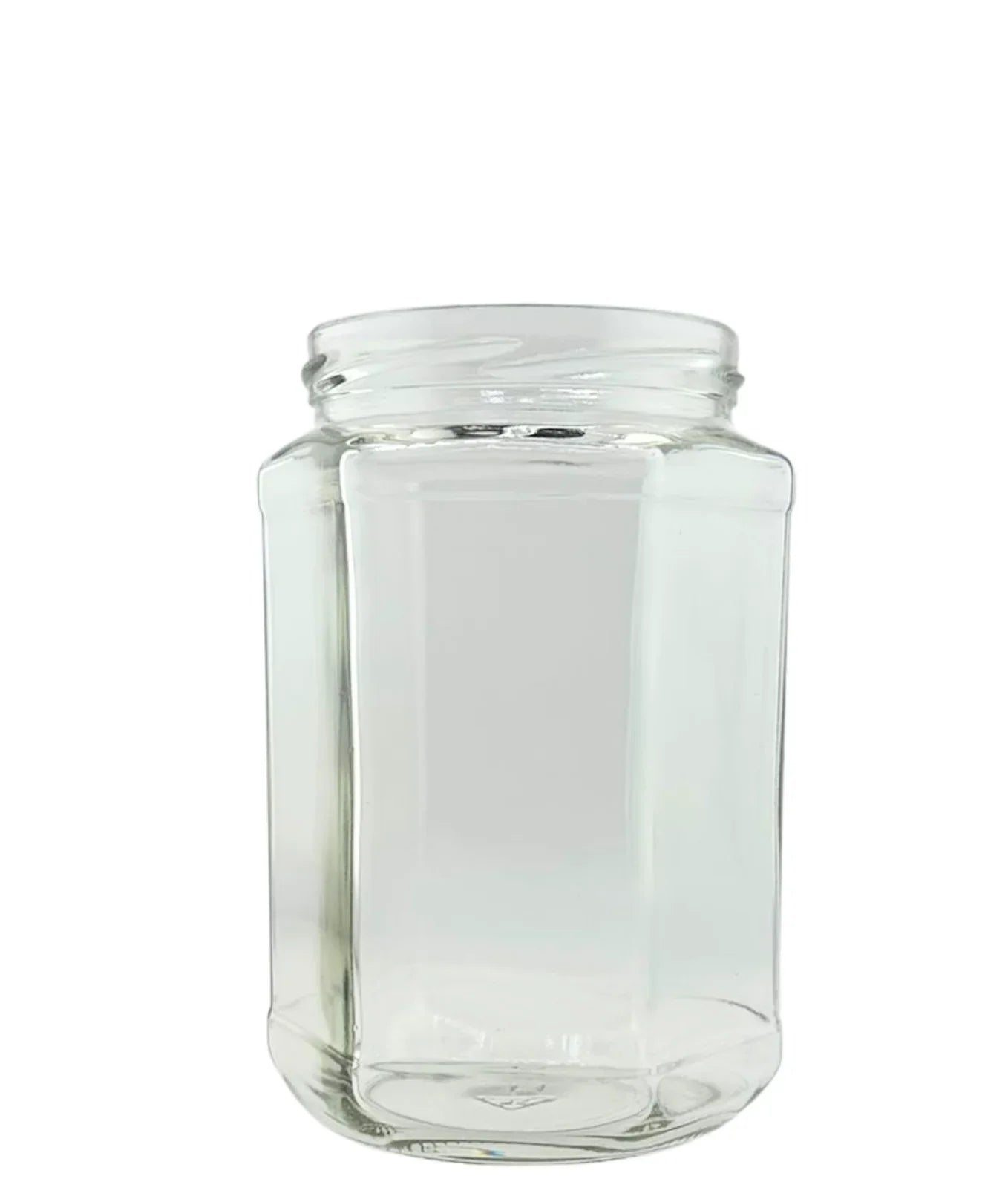 Bocal en verre hexagonal transparent 720 ml, ouverture large, vide, sur fond blanc