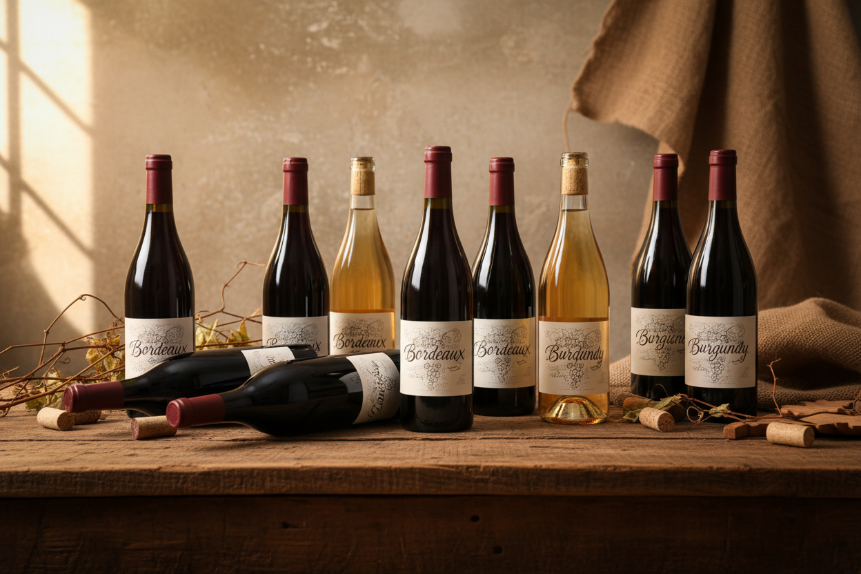 Imagen banner rustica y artesanal de botellas boderlesa y borgoñas, con vinos tintos y blanco. botellas en formato de 75cl y 37.5cl