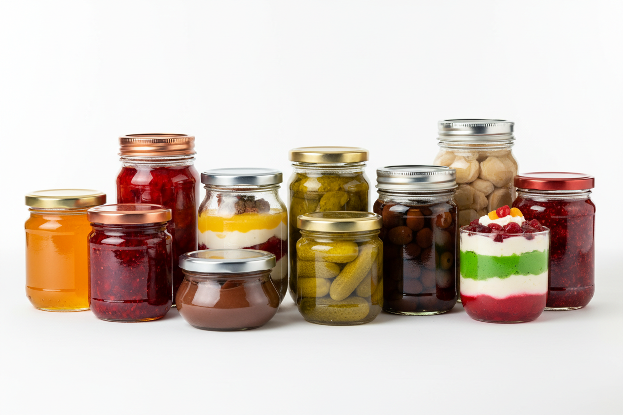 imagen de banner con distintos tarro de cristal transparentes utilizados para miel, mermelada, pepinillo, aceitunas, cremas de untar, postres. Con tapa rosca color cobre o color plata 