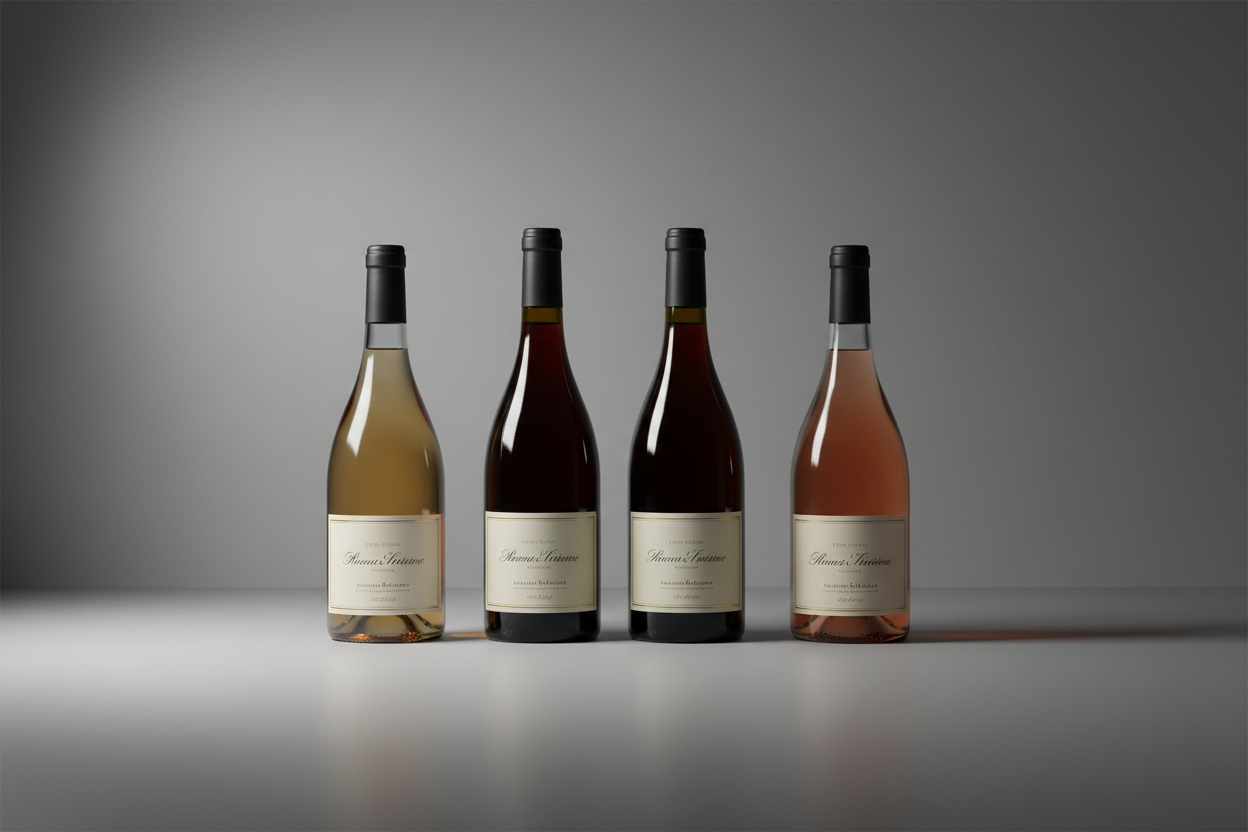 Imagen de banner minimalista de botellas de vinos tinto y vino blanco. 2 botellas transparentes bordelesa y 2 botellas color canela borgoña