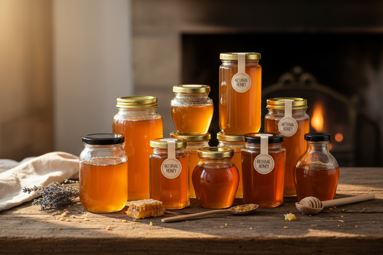 Imagen para banner rustica y artesanal de varios formatos de tarros de cristal transparentes llenos de miel, con tapa de rosca color dorada o nergra