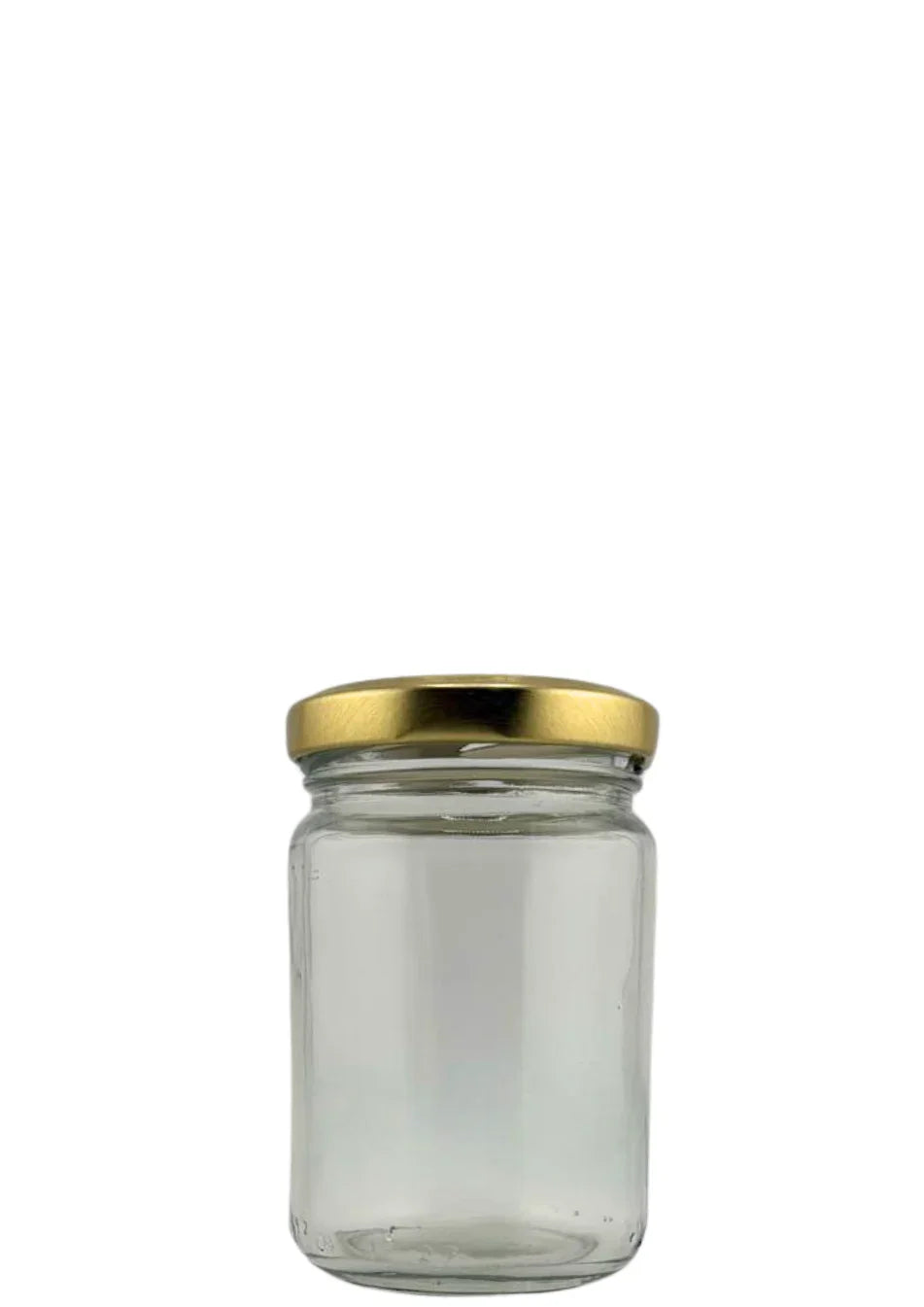 Bocal en verre transparent avec couvercle doré, idéal pour conservation alimentaire